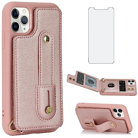 Asuwish Phone Case for iPhone 11 Pro 5.8 Wallet Cover with Screen Protector and RFID Blocking Card Holder Crossbody Strap Lanyard Leather Cell iPhone11pro iPhone11 i XI 11s 11pro Women Men Rose Gold