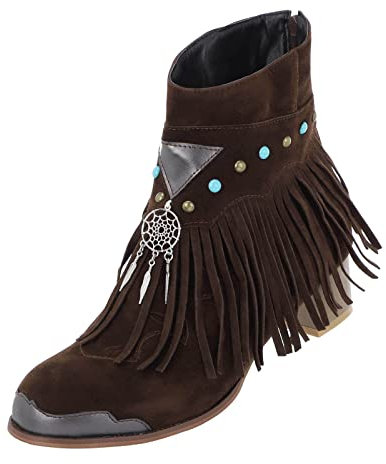 Kobilee Camperos Texani Donna con Tacco Vintage Stivali Texani Camoscio Bassi Corti Scarponi Biker Anfibi Stivali Cowboy Western Pelle Stivali Equitazione Stivaletti Neri Frange