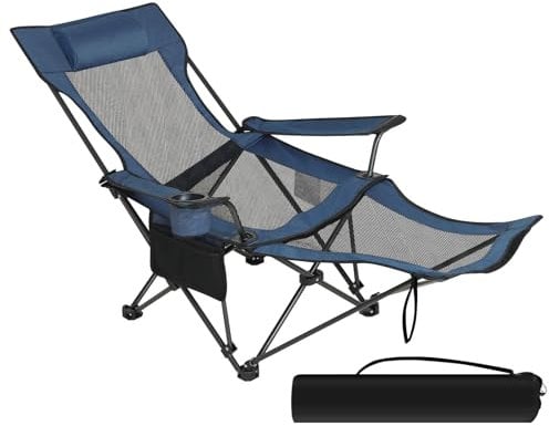eSituro Campingstuhl klappbar, Angelstuhl faltbar, Klappstuhl mit Abnehmbarer Fußablage Getränkehalter Tragetasche, Strandstuhl mit Verstellbarer Rückenlehne, Campingliege Blau