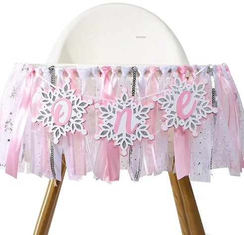 Winter Onederland Hochstuhl Banner - Rosa Schneeflocke Hochstuhl Banner, Winter Wonderland 1. Geburtstag Dekor, Winter 1. Geburtstag Dekoration für Mädchen, Banner, Silber Glitzer und Rosa Tüllband