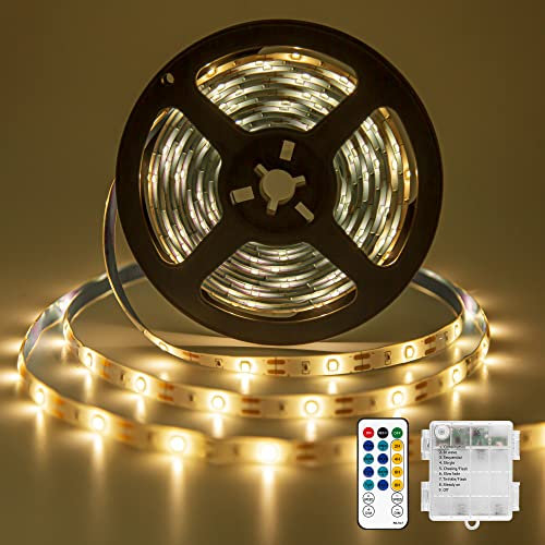 Vaileal - Tira LED de 5 m, tira LED con 8 modos, mando a distancia IR, funciona con batería, 150 tiras LED a batería para decoración, recortable, impermeable, mando a distancia (blanco cálido)