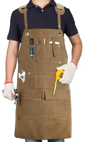 UPROZIL Work Apron with 12 Tool Pockets, Woodworking Apron with Thick Canvas Fabric, Shoulder Pads, Cross Back Strap Carpenters Apron Tool Apron Workshop Woodwork Gifts for Men Women