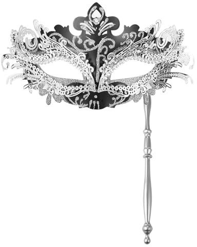 JewelryWe Maskerade Maske Damen mit Stab: Silber Strass Venezianische Maskenmaske mit Stock Halloween Kostümmmaske Gesichtsmaske Augenmaske für Karneval Party Ball Cosplay