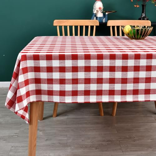 Yofori Nappe Vichy Rectangulaire en Coton Mélangé, Nappe à Carreaux Lavable pour Salle à Manger, Jardin, Fête, Maison (Rouge, 135 x 300 cm)