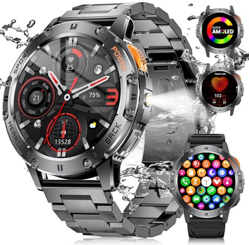 FOXBOX Orologio Smartwatch Uomo, 1.43 AMOLED Schermo Smart Watch con Torcia LED per Android iOS, IP68 Impermeabile, Chiamate Bluetooth, 24H Frequenza Cardiaca, 300+ Quadranti, 110+ Sports