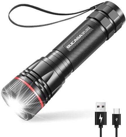 BUCASA Torches LED Super Bright 2000 Lumens, Rechargeable Torch with 3 Modes, Zoomable, Waterproof Small LED Torch Battery Powered for Dog Walking, Emergency, Camping, Gift(Batteries Included)