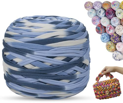 LEREATI 285g T-Shirt Garn, Textilgarn zum Häkeln für Körbe Bändchengarn Polyester Rope, T Shirt Garn zum Häkeln Häkelkorb Taschen Teppiche Wandbehang Makramee (Blau & Weiß)