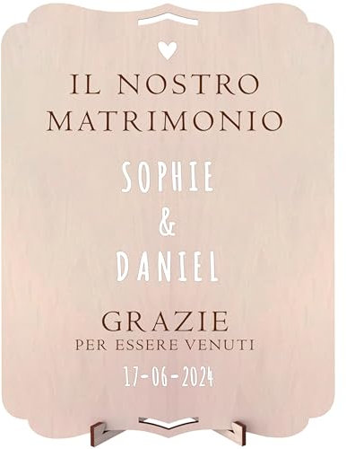 nagu® Cartelli Matrimonio in Legno Personalizzati - Benvenuti al Nostro Matrimonio - Con Nomi, Data e Lettere Autoadesive - Supporto da Tavolo - 30 x 22 cm. Regalo Nozze