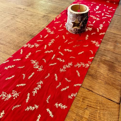 Red and Gold Cotton Holly Leaves Table Runner, Christmas Table Runner, Festive Table Decoration, Red Christmas Table Decorations 3m
