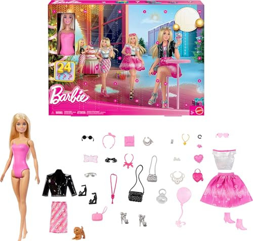Barbie-Puppe Adventskalender mit 24 Kleidungsstücken und Accessoires, einschließlich Jacke, Rock, Schuhe, Handtaschen sowie EIN Hündchen und eine Blonde Puppe, JFL63