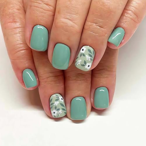 Auiremrti 24 Pieces Spring Green Press-on Nails, Short Square Artificial Nails, Glossy Full Cover, Small Flowers/Leaf Designs