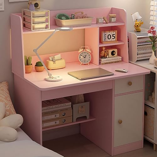 Escritorio Infantil Rosa con Estantería y Cajón, Mesa de Estudio Compacta con Armario y Baldas, Ordenador para Niños y Adolescentes, Mueble de Estudio que Ahorra Espacio para Dormitorio o Habitación