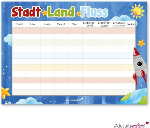 #detailverliebt Stadt Land Fluss XL Block I 50 Blatt DIN A3 I Beschäftigung für Kinder I Gesellschaftsspiel Platzsets Spielblock I dv208