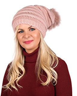 Birendy Beanie K Mütze, Pudelmütze, Strickmütze, dick und weich Wintermütze mit großer Fellbommel aus Fellimitat (Altrosa 114)