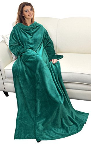 Catalonia Classy Decke mit Ärmeln als Geschenk für Frauen Herren, Flauschig Fleece Tragbare Kuscheldecke mit Ärmel, Cozy Warm Decke zum Anziehen Ärmeldecke Erwachsene, 185 x 130 cm Grün