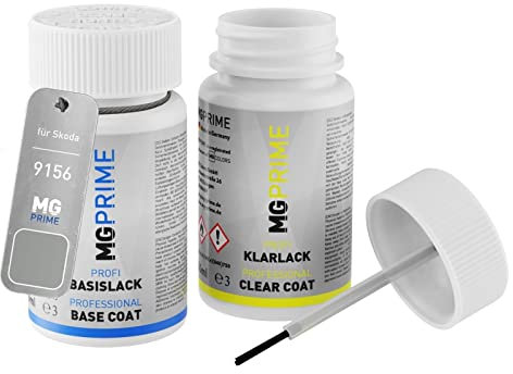MG PRIME Autolack Lackstift Set für Skoda 9156 / 8E Brilliant Silber Metallic Basislack Klarlack je 50ml