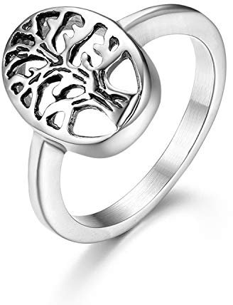 JewelryWe Schmuck Damen-Ring, Edelstahl Lebensbaum Baum des Lebens Hollow Versprechen Jahrestag Engagement Ring, Silber, Größe 62, kostenlose Gravur