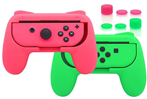 Griffe Zubehör für Joy Con Controller Halterung für Switch & Switch OLED mit Joystick Kappen, Gummierte Comfort Grip für JoyCon mit 3 Paar Daumengriffen - Rosa & Grün