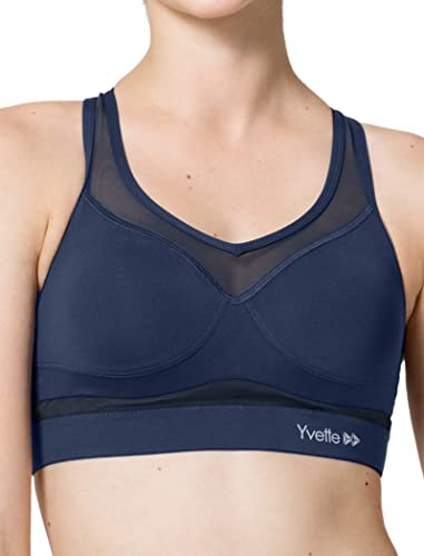 Yvette Sport BH Starker Halt Mesh Ringerrücken Große Brüste Ohne Bügel Gepolstert für Fitness Lauf Yoga, Blau, 4XL Große Größen