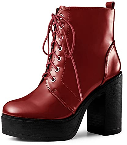 Allegra K Damen Plateau Kampfstiefel mit hohem Absatz mit Schnürung | 11,4 cm Absatzstiefel für Damen, Kunstleder, Reißverschluss, Komfort, Herbst, Winter, Blockabsatz, Kampfstiefel