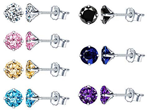 Yumilok 1/4/7 paar Damen Ohrstecker 925 Sterling Silber Zirkonia Weiß Mehrfarbig 6mm Gestüt Piercing Ohrringe Ohrschmuck für Mädchen