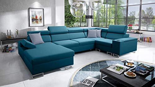 All4All Ecksofa Wohnlandschaft Morena IV Polstersofa XXL Big Sofa Gewebe Grau Blau Schwarz 26 (Links)