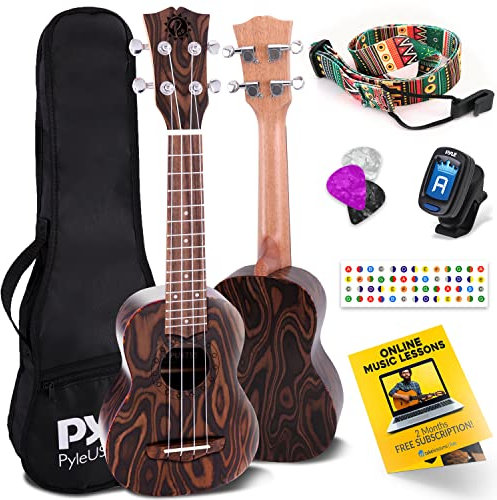 Pyle, 4-saitiges Lernset aus massivem Holz Mahagoni Sopran-Ukulele hochwertiges Profi-Instrument mit geflammtem braunem Körper, schwarzem Walnuss-Griffbrett und Steg PUKT5580