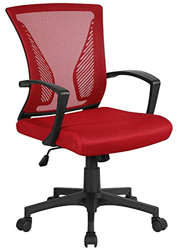 Yaheetech Sedia da Scrivania Ufficio Altezza Regolabile con Braccioli Girevole a Rotelle Ergonomica Lombare Reclinabile in Rete Traspirante Rossa Portata 136 kg