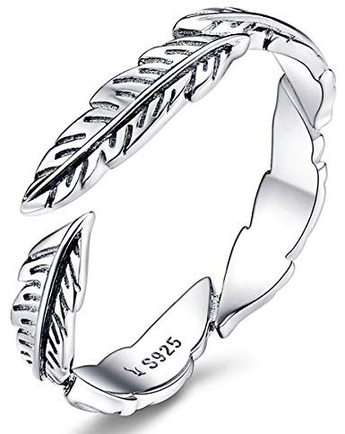 Qings Verstellbar Federn Ring Damen 925 Sterling Silber Offener Ring Schmuck Geschenk für Geburtstag Jahrestag