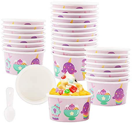 GLAITC 50 x Reusable Ice Cream Bowls, Ice Cream Cups, Paper Cups, Dessert Paper Cups, Ice Cream Yogurt, Pink Round Ice Cream Pots with Spoons