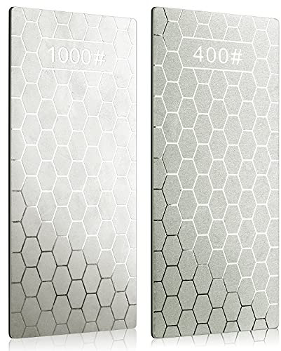 2 Stück Schleifstein, Kalolary Messerschärferstein Schleifstein Wabenoberfläche Diamantschärferplatte mit rutschfestem Pad für Taschenmesser Schere, Küchengeräte den Außenbereich (Körnung 400/1000)