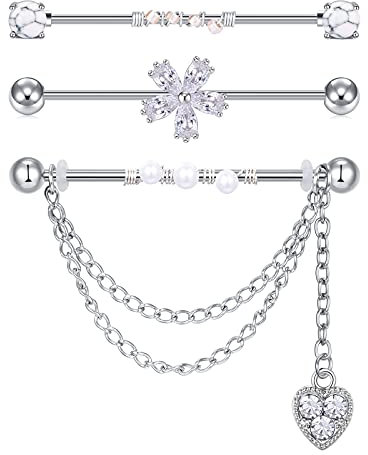 D.Bella 3 STK Industrial Piercing Bar Set mit Baumeln Kette Chirurgenstahl Knorpel Barbell Piercing Schmuck 14Gauge 1.6mm Silber 38mm