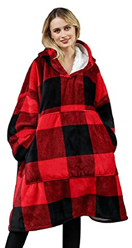 iyoimono Hoodie Decke für Damen Flanell Fleece Pullover Sweatshirt Decke Flauschige Sherpa TV-Decke mit Ärmeln Übergroße Kapuzen Pullover Kuscheldecke Einheitsgröße(Rot-schwarzes großes Gitter)