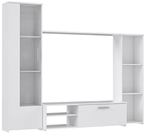 Newroom Wohnwand Weiß Anbauwand Modern - 220,4x177,5x41,3 cm (BxHxT) - Schrankwand - [Liza.Three] Wohnzimmer Wohnstube Büro