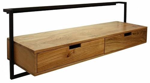 L'Héritier Du Temps Meuble TV Air Solid Hinsk 2 Tiroirs Meuble de Rangement Mural en Acacia Massif Naturel et Métal Noir 35x45x120cm