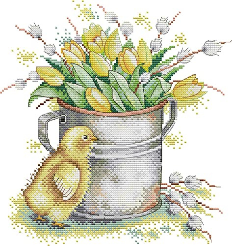 Awesocrafts Kreuzstich Stickpackungen Vorgedruckt Gelbe Tulpen und Küken Bilder Vorlagen Sticken Set Vorgedruckt 11CT 3 Stränge