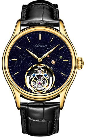 Aesop Tourbillon Uhren Mechanische Herrenuhren Skeleton Tourbillon Uhrwerk Handaufzug Analoge Armbanduhren Blauer Sandstein Sternenhimmel Zifferblatt Saphir Business Luxusuhr 7049(Gold)