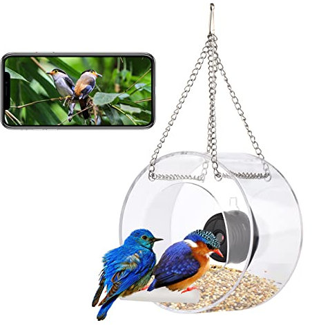 LUCHONG Clear Window Bird Feeder with Wifi Camera Suction Cup, Smart Transparent Round Birdfeeder with 16GB TF Card Photo Taking Video Recording IR Night Vision, Outside Birdhouse for Close Up View Ou