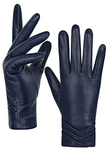 GSG SINCE 1998 Damen Lederhandschuhe – Chromfreies Lammfell, Gefüttert mit Wolle, Touchscreen-Thermo-Handschuhe in stilvollem Design für Winter Navy blau L