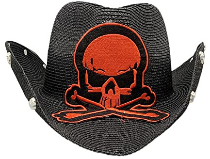 Chapeau de cowboy vintage en paille tissé pour homme et femme avec broderie tête de mort punk style western chapeau de cosplay pour homme