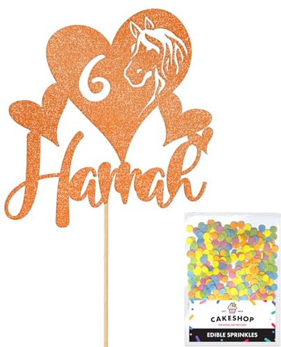 Personalised Horse Pony Love Heart Glitter Cake Topper - Orange Custom Age & Name Glitter Cake Decoration and Sprinkles - Happy Birthday Decorations - Personalised Toppers for Cakes by Cakeshop