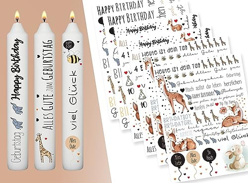 Sugeru® 6 PCS kerzenfolie(200+ Muster) DIN A5, Kerzentattoo Wassertransferdruck|wasserschiebefolie kerzen dekorieren| kerzenaufkleber sticker|Sprüche,ostern,Happy Birthday (Geburtstagsthema - Tiere)
