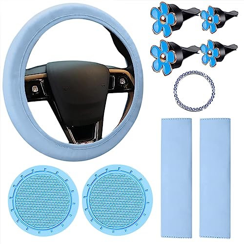 Cachpib 10 Pieces Blue Suit Leather Steering Wheel Cover for Women Cute Car Accessories Set With Seat Belt Shoulder Pads Cup Holders