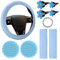 Cachpib 10 Pieces Blue Suit Leather Steering Wheel Cover for Women Cute Car Accessories Set With Seat Belt Shoulder Pads Cup Holders
