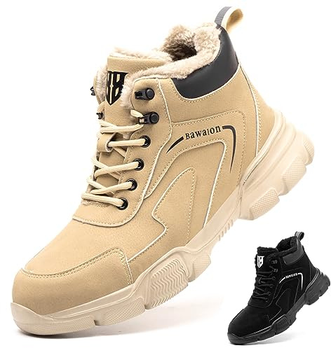 Botas de Seguridad para Hombre Mujer Impermeable Ligeras Zapatos de Seguridad con Punta de Acero Forro de Piel Cálida Botas de Trabajo Caqui-Invierno 44 EU