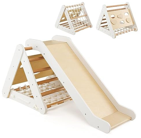 GOPLUS Triangle d’Escalade Montessori Enfants avec Filet à Grimper, Planche et Échelle,Pierres avec Toboggan, Charge 50KG,Aire de Jeux Intérieur pour Bébé 1 an+(Naturel, Blanc)