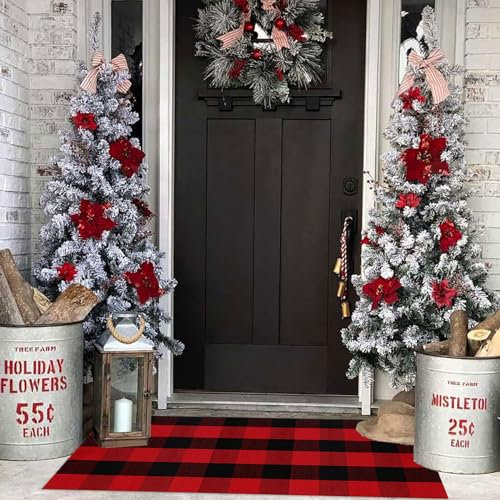 Buffalo Plaid Outdoor-Teppich, 60 x 120 cm, rot und schwarz, weihnachtliches Karomuster, Schichtteppich für Hallo / Willkommen, Fußmatte, maschinenwaschbar, Baumwolle, gewebter Teppich für