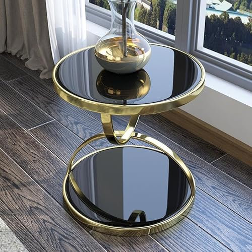 Table d'appoint，Tables basses Table d'angle Double en verre trempé de luxe léger, Table ronde d'appoint de canapé de salon, Table basse de balcon postmoderne pour salon, chambre ( Color : Black 45x50C