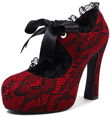elerhythm, scarpe da donna con punta floreale, tipo Mary Jane, punk, chiuse, a punta, costume, elegante, gotico, pumps, vintage, con piattaforma, tacco alto, Colore: rosso, 41 EU