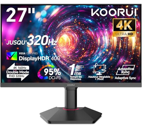 KOORUI Monitor Gaming 27 Pollici – 4K UHD (3840x2160) 160Hz / FHD 320Hz Doppia Modalità | Fast IPS | HDR400 | Adaptive Sync | HDMI 2.1, DP 1.4 | PIP, PBP, | VESA 75x75mm-G2741L